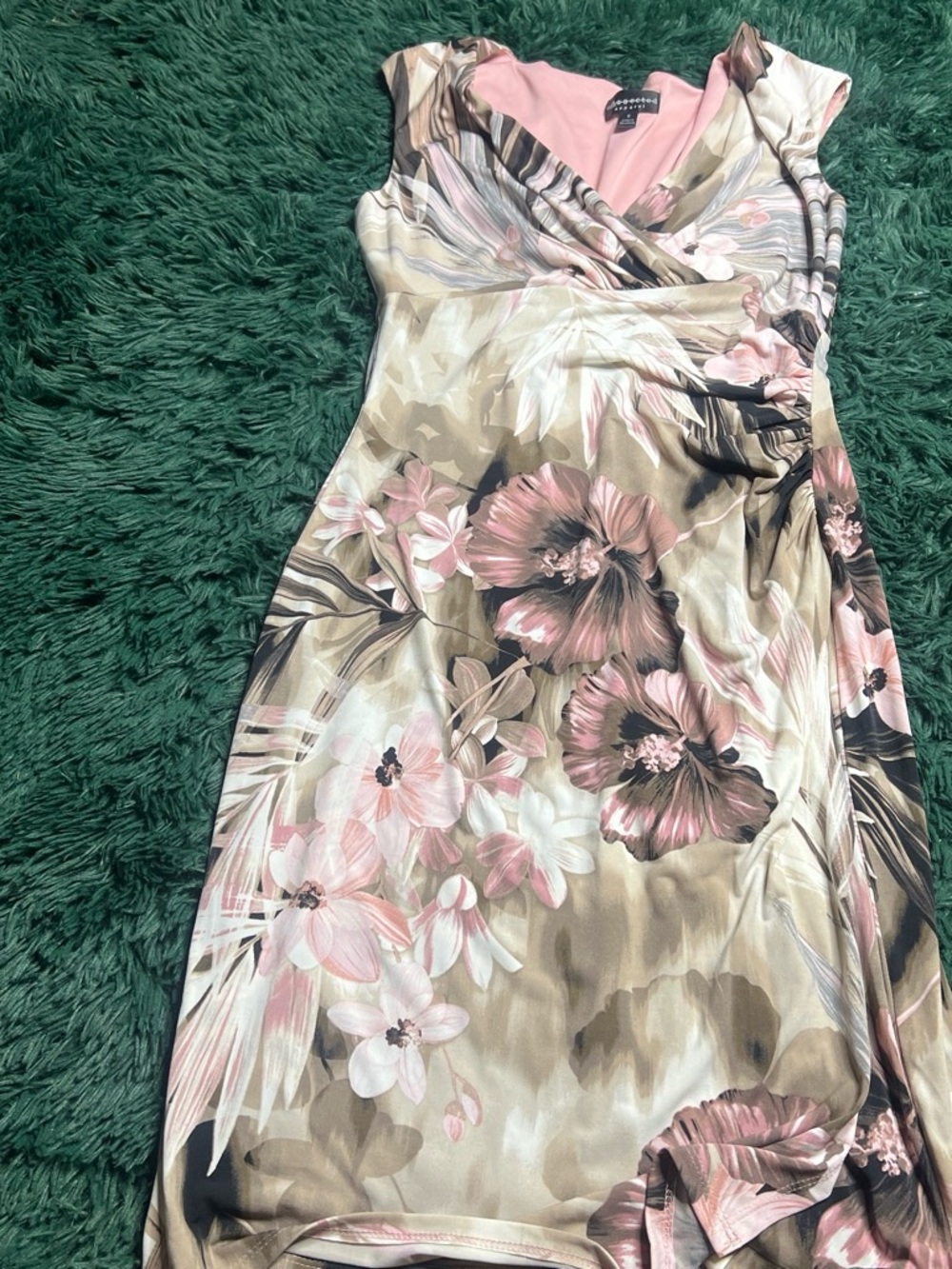 connected apparel Pink and Taupe Floral Wrap Midi Dress